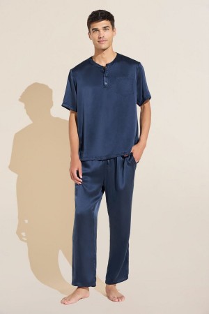 Eberjey Charles Washable Silk Short Sleeve & Pant PJ Set Men Pajamas Navy | QWC418YB