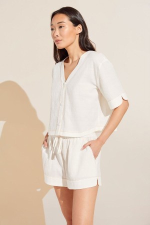 Eberjey Crinkle Woven Short Sleeve Top & Short Set Women Pajamas White | CBH4579KB