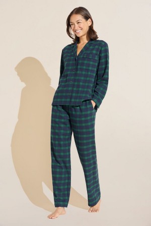 Eberjey Flannel Long PJ Set Women Pajamas Navy Green | LMD6150NO