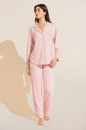 Eberjey Gisele Printed TENCEL™ Modal Long PJ Set Women Pajamas Dark Red Pink White | MWQ2587NE