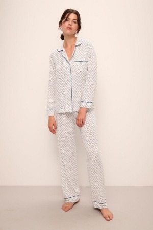 Eberjey Gisele Printed TENCEL™ Modal Long PJ Set Women Pajamas White Blue | VTM5127NO