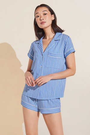 Eberjey Gisele Printed TENCEL™ Modal Shortie Short PJ Set Women Pajamas Blue White | XLN6100BI