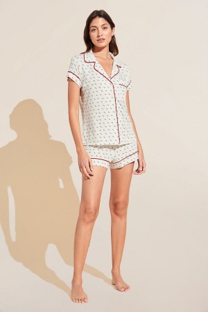 Eberjey Gisele Printed TENCEL Modal Shortie Short PJ Set Women Pajamas White Red | AHC9159AI