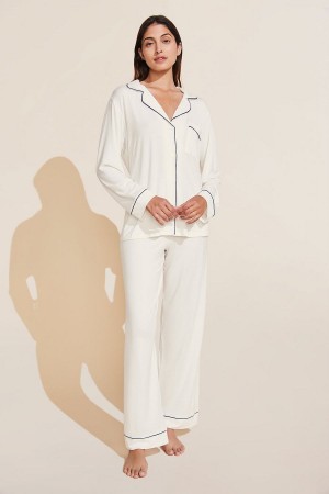 Eberjey Gisele TENCEL™ Modal Long PJ Set Women Pajamas White Navy | ELF341XU