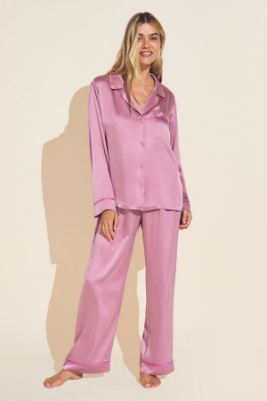 Eberjey Inez Washable Silk Long PJ Set Women Pajamas Italian Rose Pink | YYK8714ZP