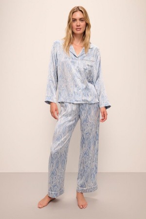 Eberjey Inez Washable Silk Printed Long PJ Set Women Pajamas Blue White | UPV8070AO