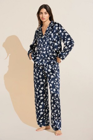 Eberjey Inez Washable Silk Printed Long PJ Set Women Pajamas Navy White | QCC2119MW