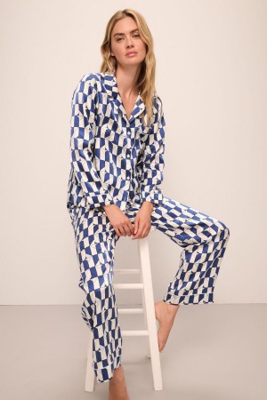 Eberjey Inez Washable Silk Printed Long PJ Set Women Pajamas Blue White | HBU1746CA