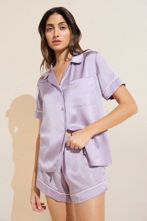 Eberjey Inez Washable Silk Short PJ Set Women Pajamas Purple White | HWZ10020IY