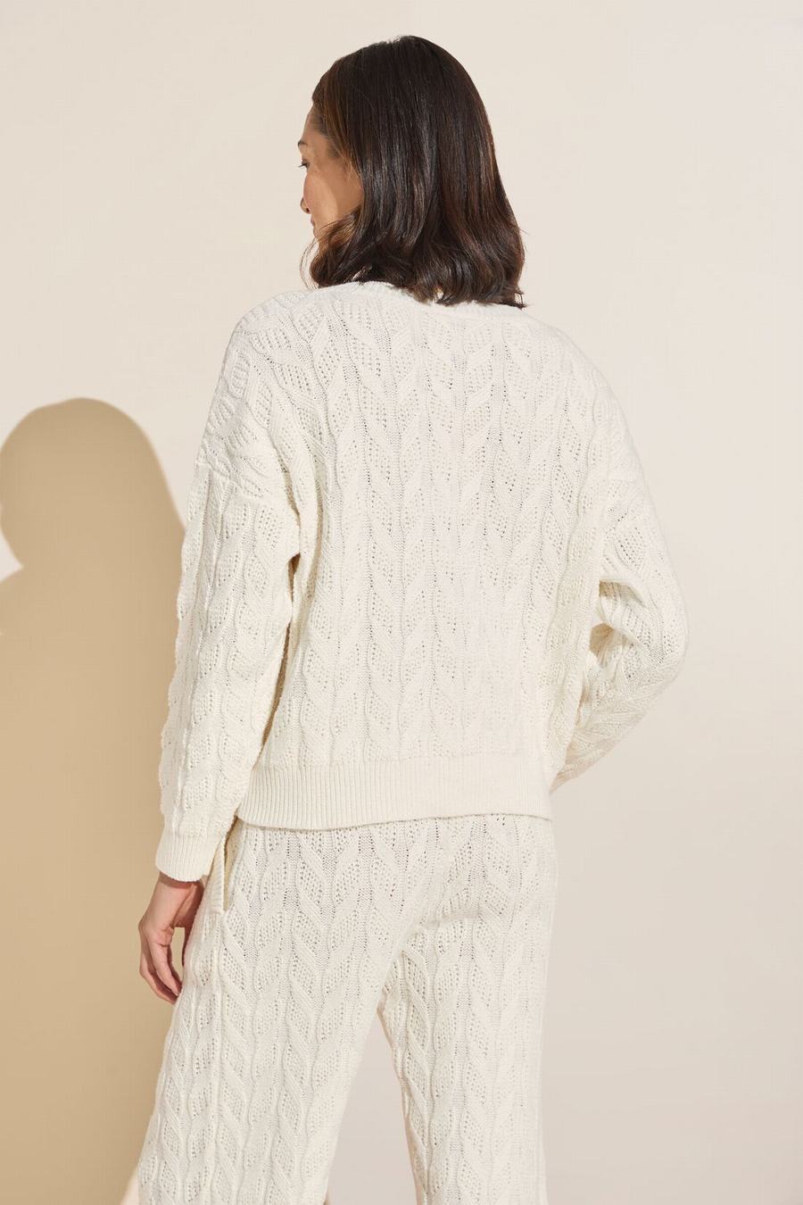 Eberjey Cable Knit Recycled Sweater Crewneck Women Cardigan White | WKS7925SY