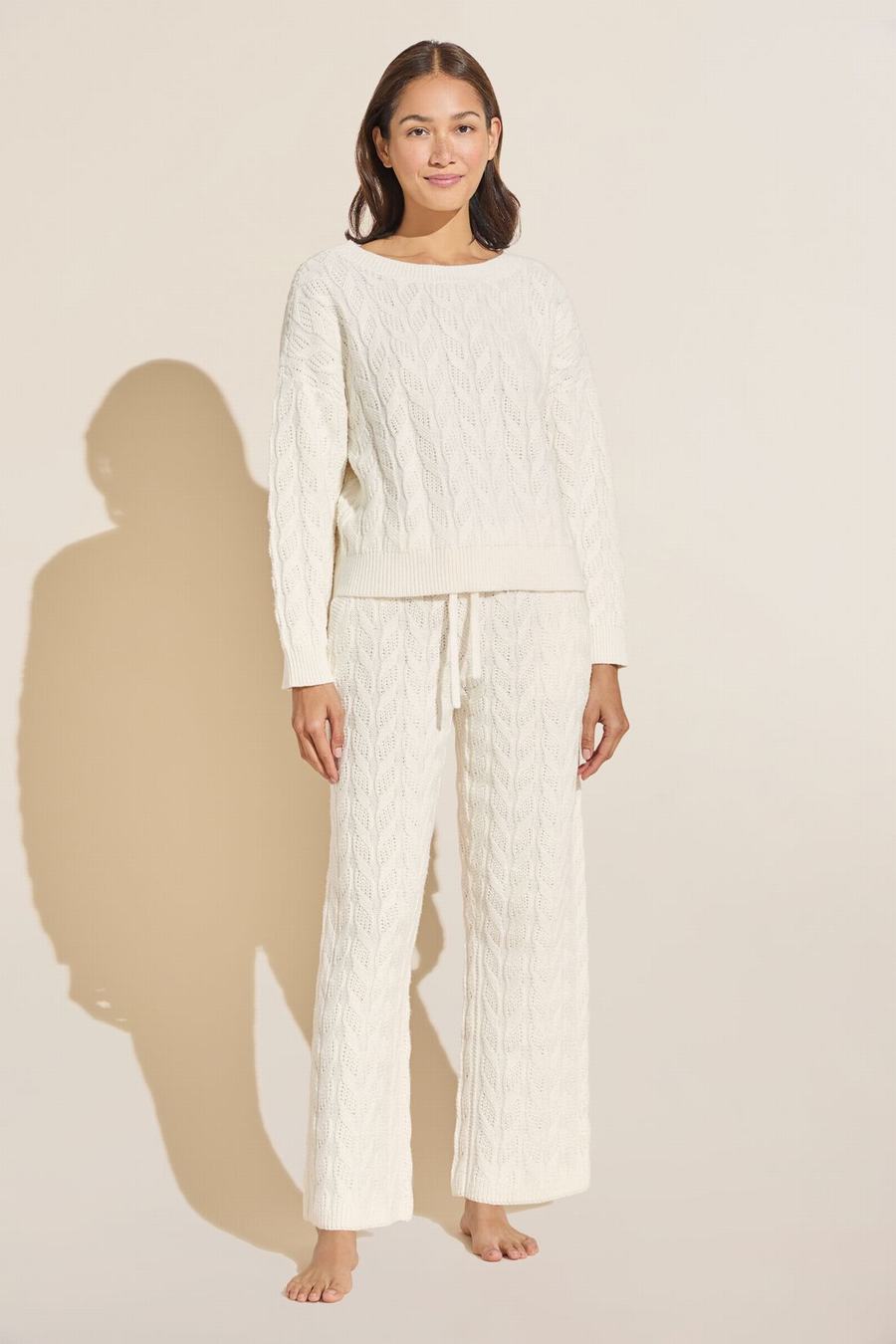 Eberjey Cable Knit Recycled Sweater Straight Leg Women Pants White | WFN2250VX