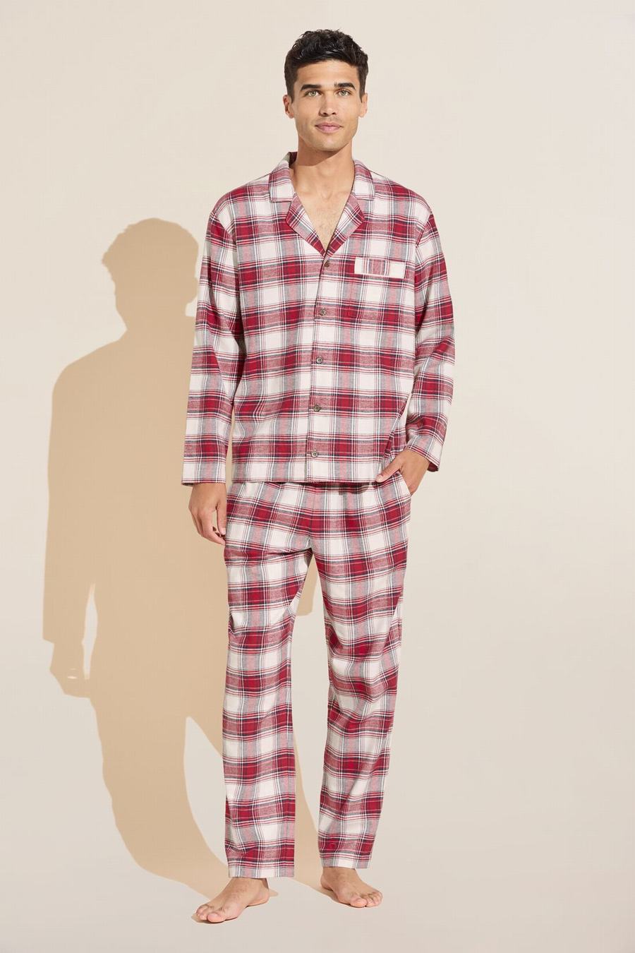 Eberjey Flannel Long PJ Set Men Pajamas Red White | VYI984SP