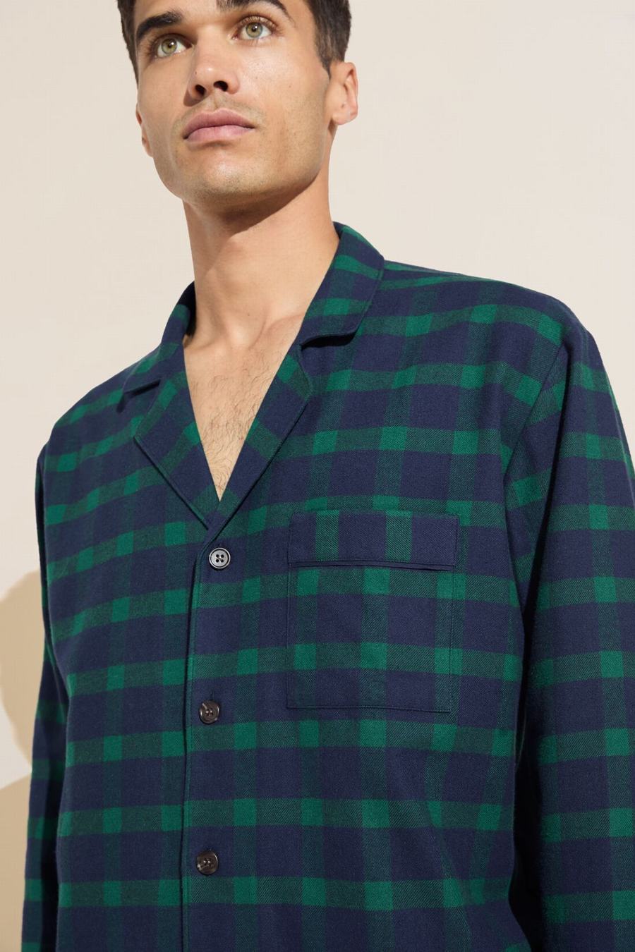 Eberjey Flannel Long PJ Set Men Pajamas Navy Green | NOK4487VP