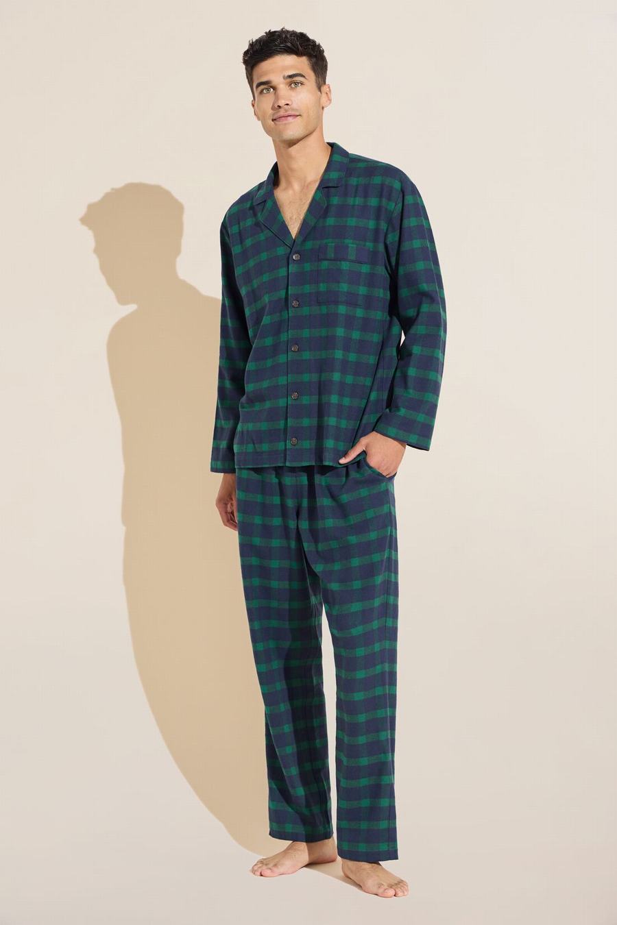 Eberjey Flannel Long PJ Set Men Pajamas Navy Green | NOK4487VP