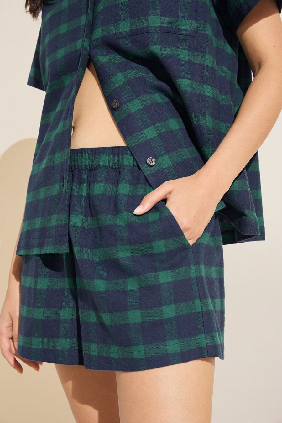 Eberjey Flannel Short PJ Set Women Pajamas Navy Green | WVH9374CL