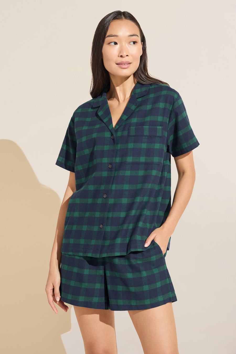 Eberjey Flannel Short PJ Set Women Pajamas Navy Green | WVH9374CL