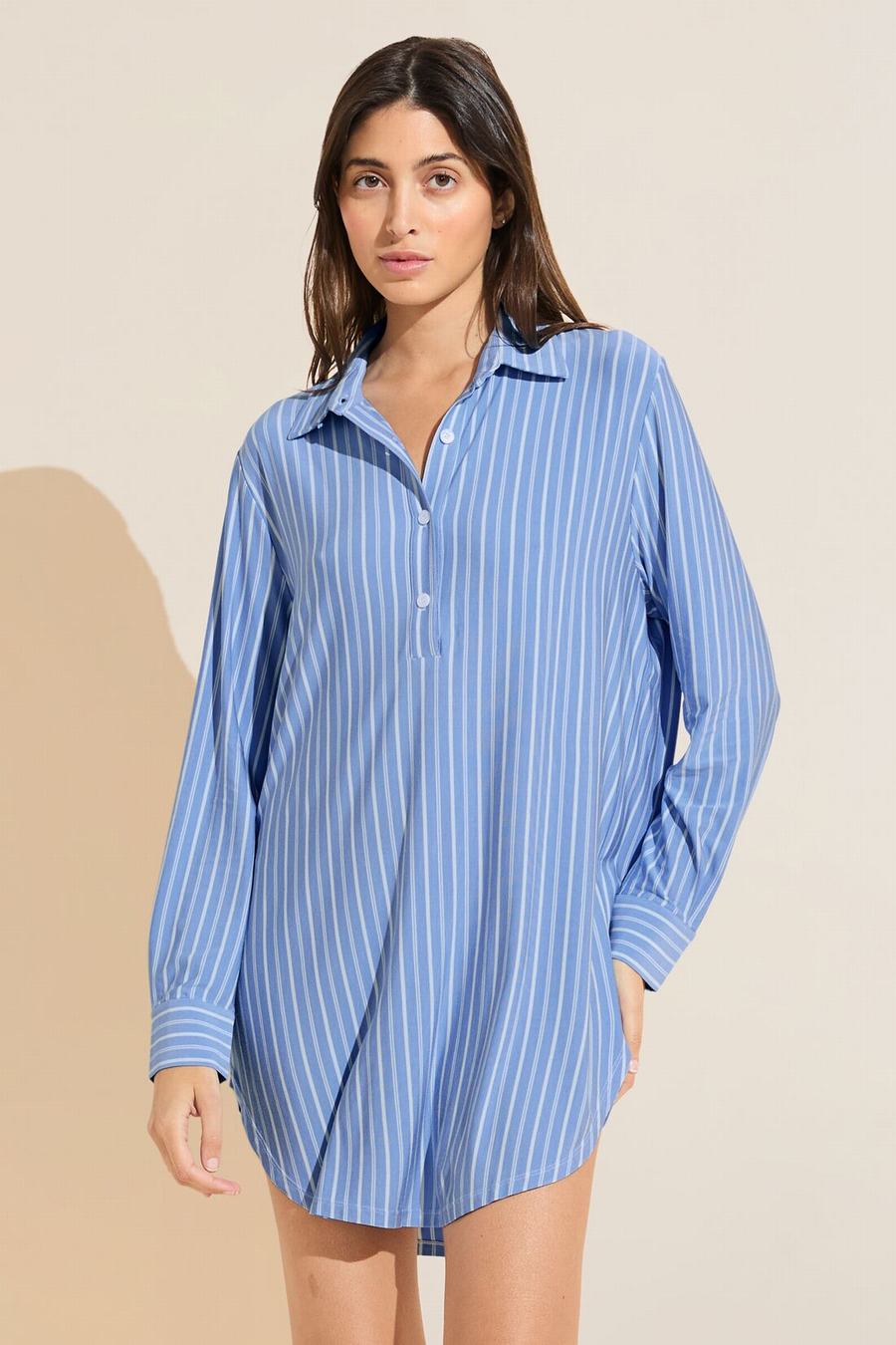 Eberjey Gisele Printed TENCEL™ Modal Boyfriend Sleepshirt Women Pajamas Blue White | RWA609QO