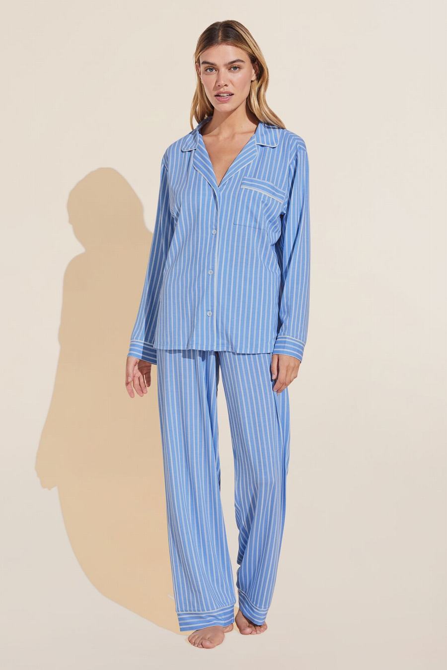 Eberjey Gisele Printed TENCEL™ Modal Long PJ Set Women Pajamas Blue White | QYV6151OH