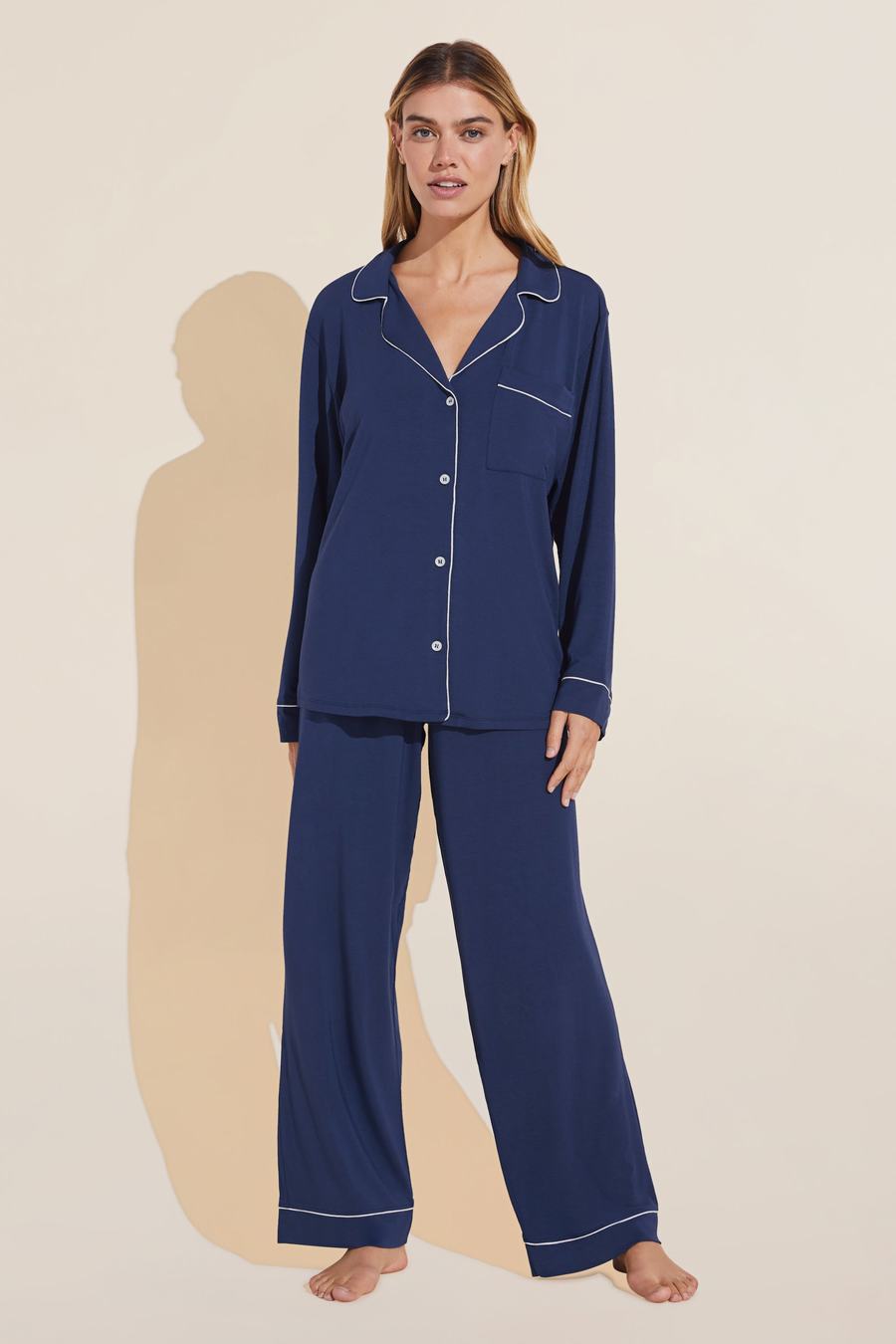 Eberjey Gisele TENCEL™ Modal Long PJ Set Women Pajamas Navy White | YAW3517JM