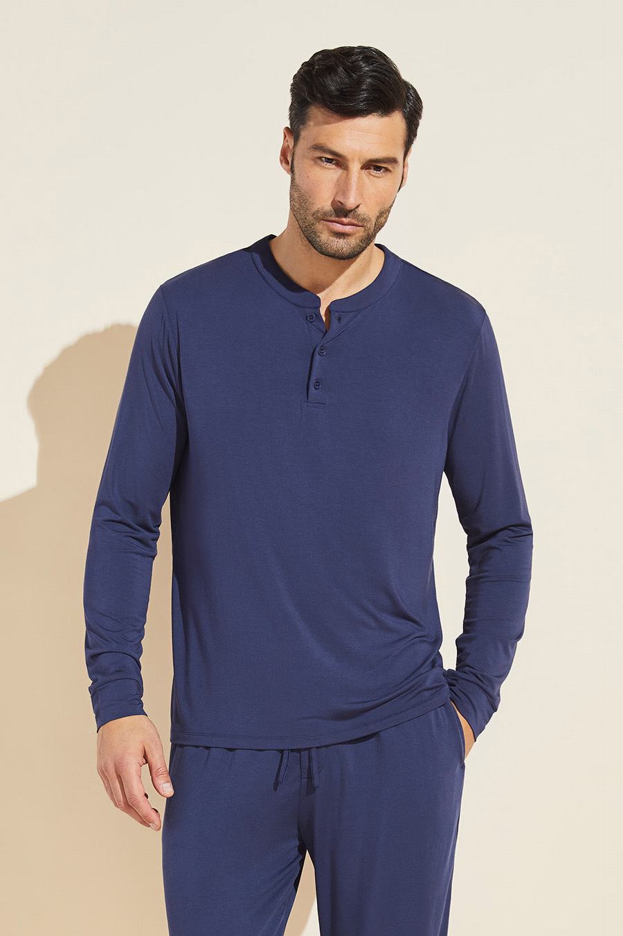 Eberjey Henry TENCEL™ Modal Long Sleeve Henley Men Tops Navy | UDC9627JR