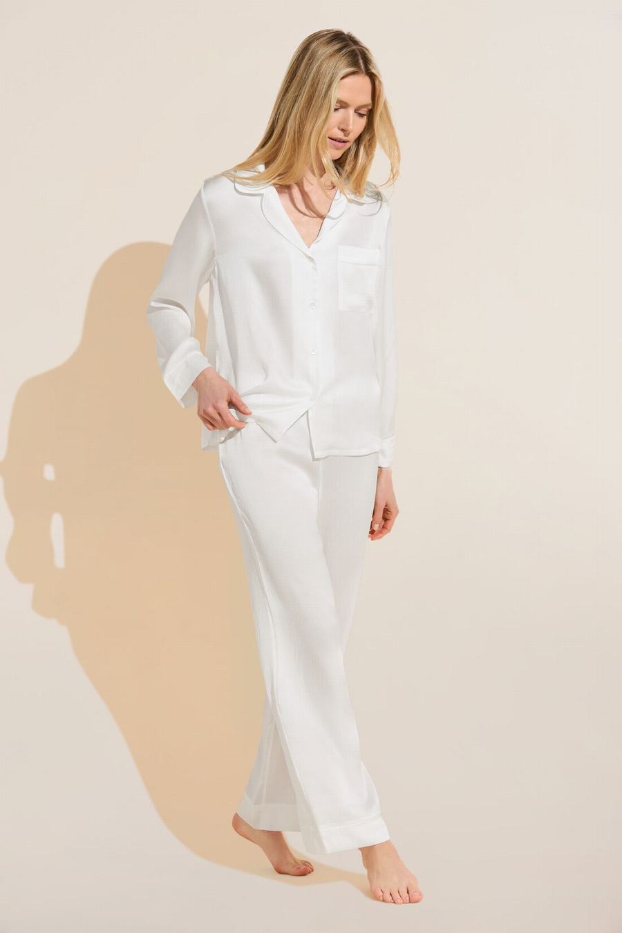 Eberjey Inez Textured Washable Silk Long PJ Set Women Pajamas White | NCF5215GR