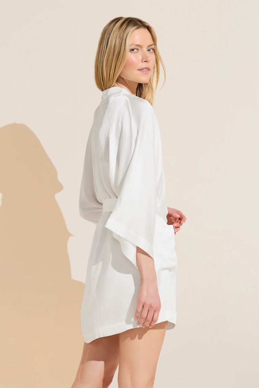 Eberjey Inez Textured Washable Silk Short Women Robe White | DIC2326BN