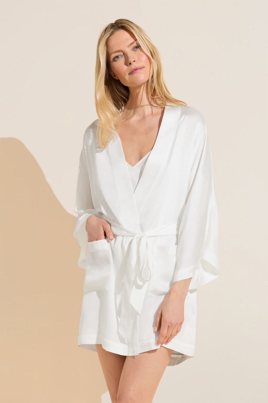 Eberjey Inez Textured Washable Silk Short Women Robe White | DIC2326BN