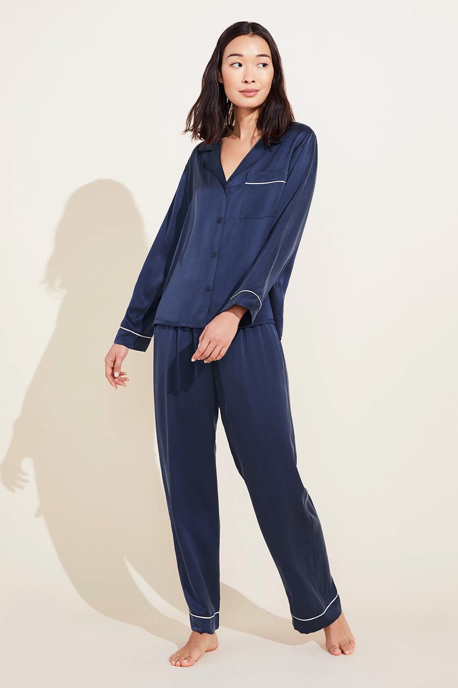 Eberjey Inez Washable Silk Long PJ Set Women Pajamas Navy | WYT3822GT