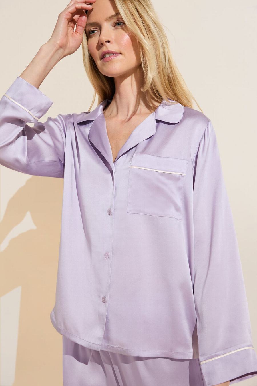 Eberjey Inez Washable Silk Long PJ Set Women Pajamas Purple White | EQX7758KZ