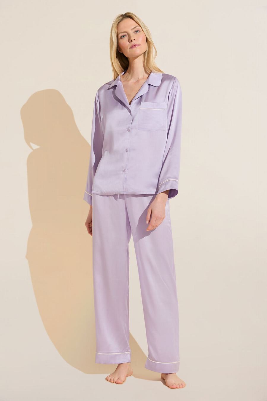 Eberjey Inez Washable Silk Long PJ Set Women Pajamas Purple White | EQX7758KZ