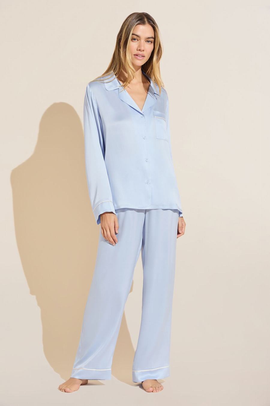 Eberjey Inez Washable Silk Long PJ Set Women Pajamas Blue | GNW9540NO