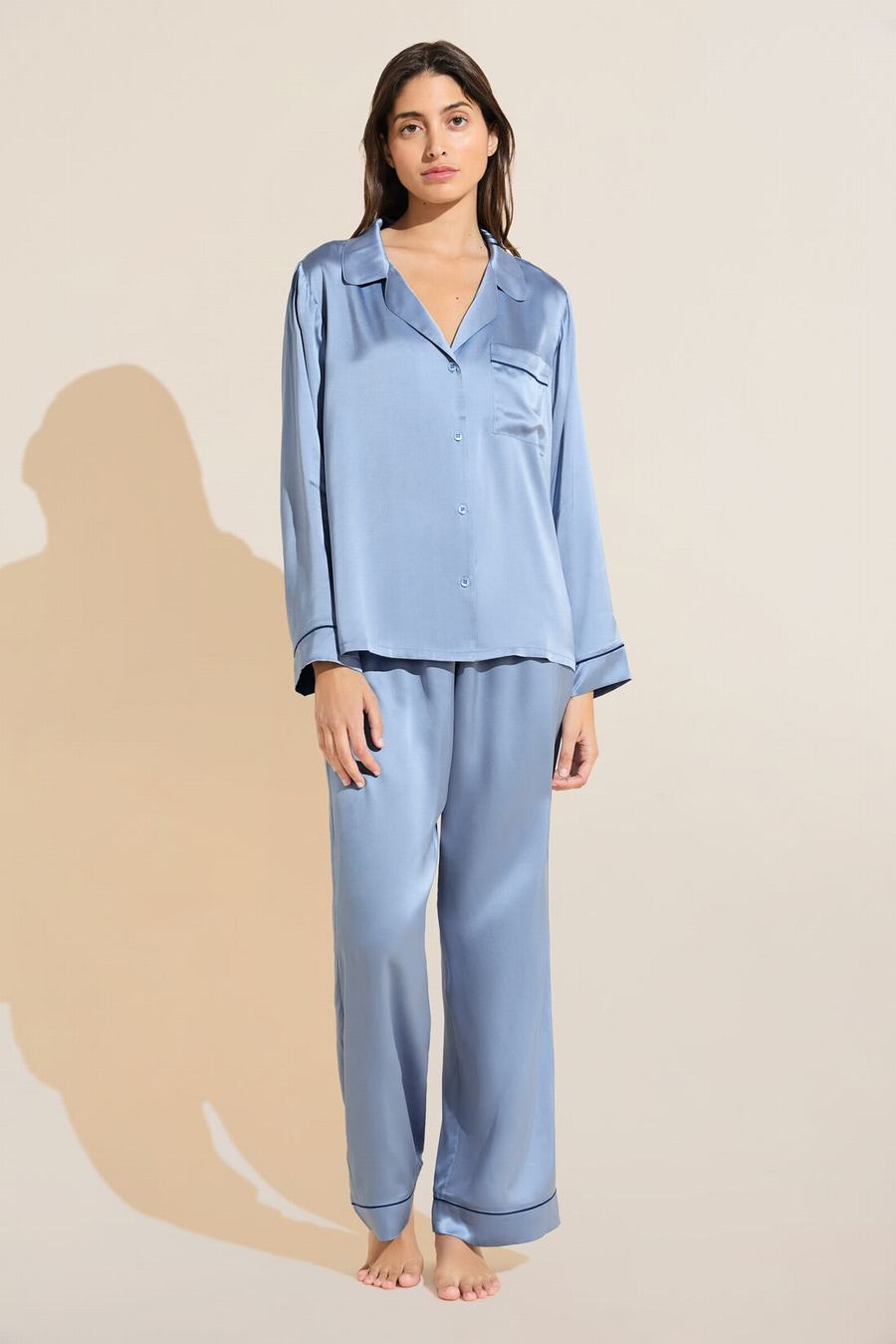 Eberjey Inez Washable Silk Long PJ Set Women Pajamas Blue Navy | XWV6462EK