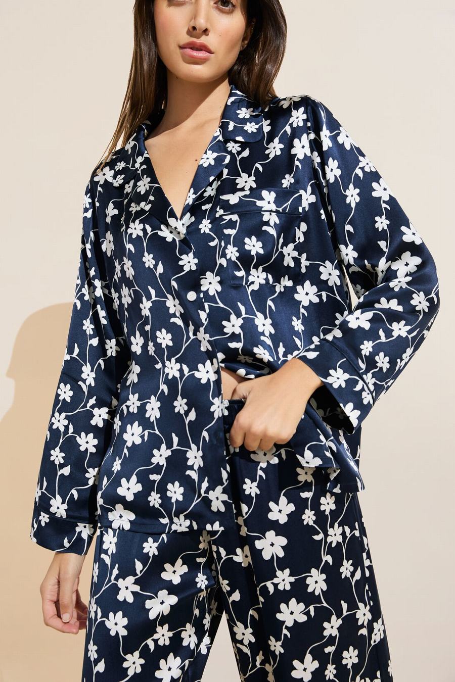 Eberjey Inez Washable Silk Printed Long PJ Set Women Pajamas Navy White | QCC2119MW