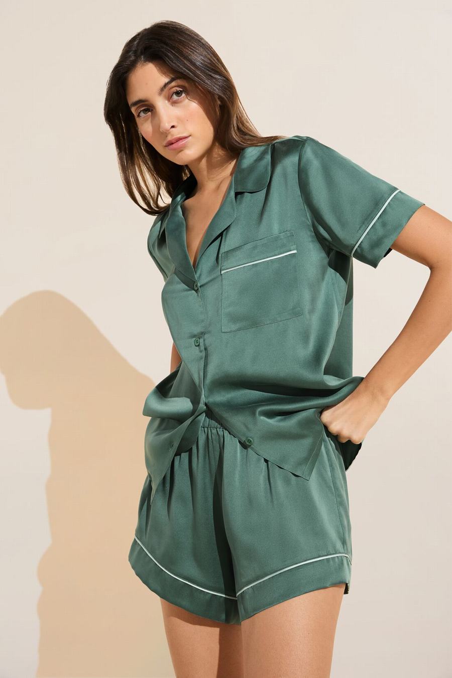 Eberjey Inez Washable Silk Short PJ Set Women Pajamas Dark Green | NCD6073AT