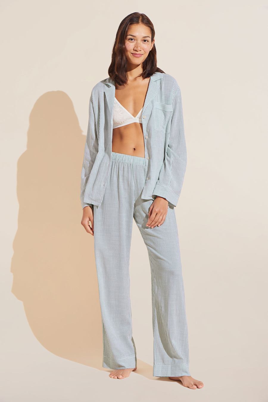 Eberjey Nautico Long PJ Set Women Pajamas White Green | FME2420EV