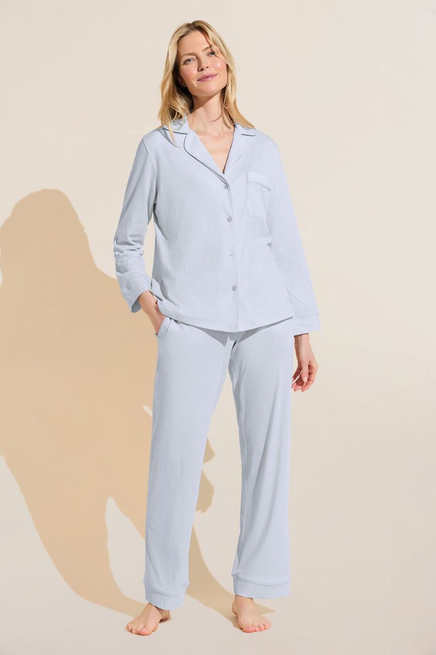 Eberjey Organic Pima Cotton Notch Collar Top & Pant PJ Set Women Pajamas Blue | YID6421FW