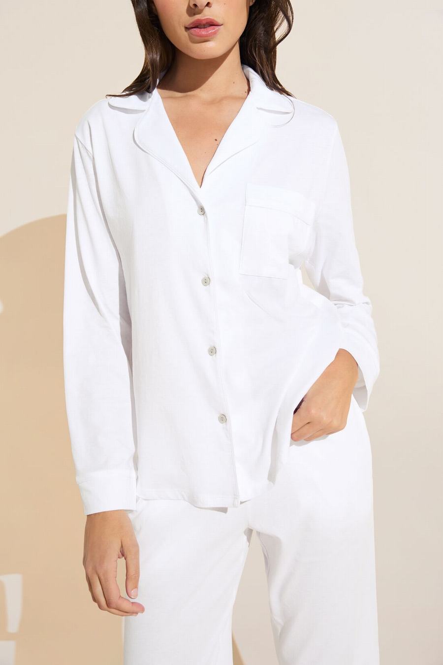 Eberjey Organic Pima Cotton Notch Collar Top & Pant PJ Set Women Pajamas White | TNE5564YR