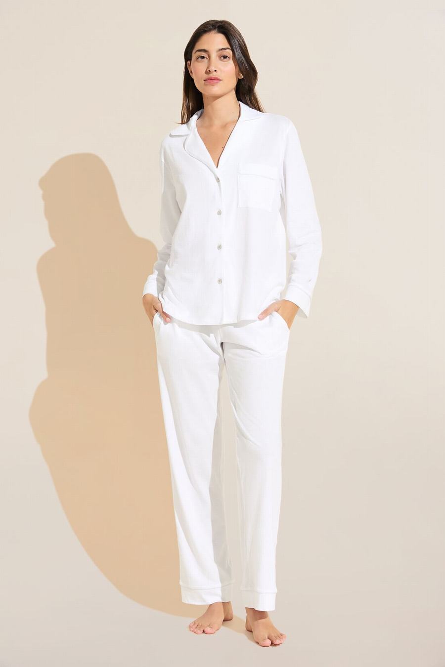 Eberjey Organic Pima Cotton Notch Collar Top & Pant PJ Set Women Pajamas White | TNE5564YR