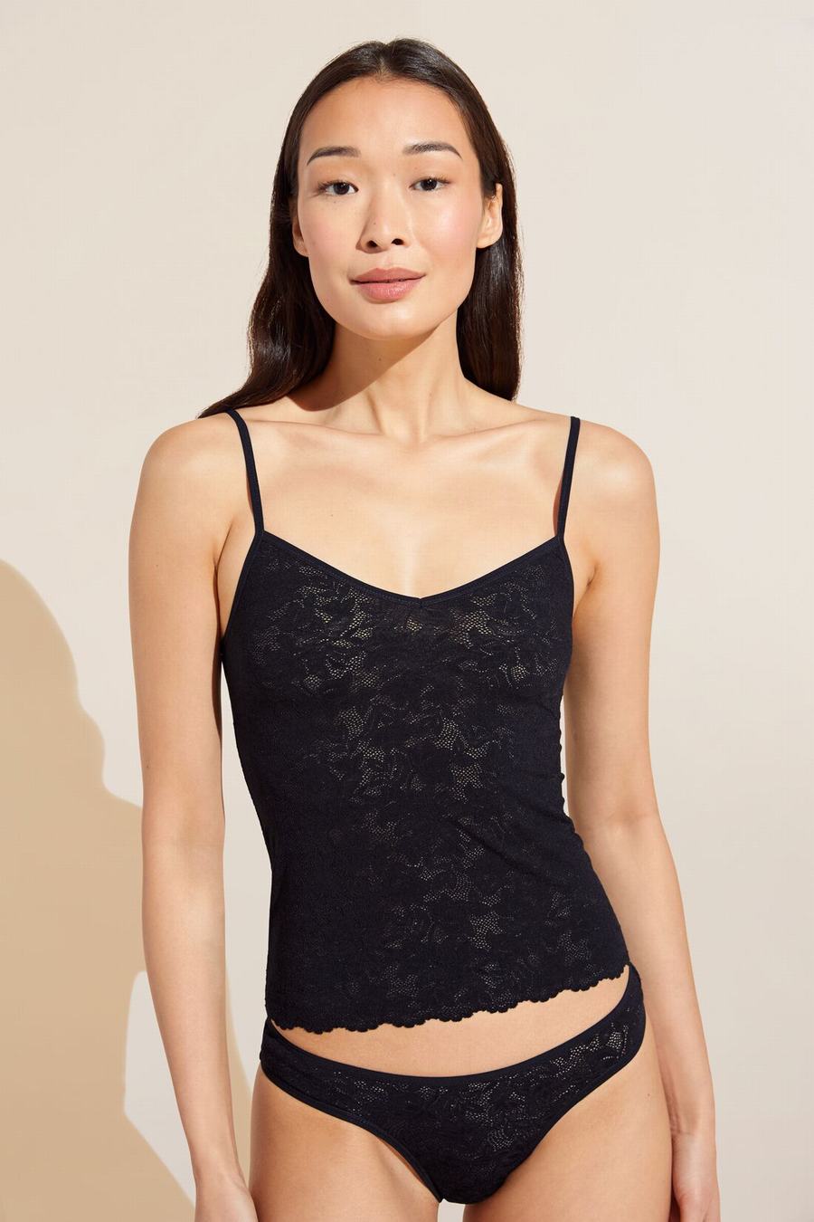 Eberjey Soft Stretch Recycled Lace Cami Women Tank Top Black | CZX9924FA